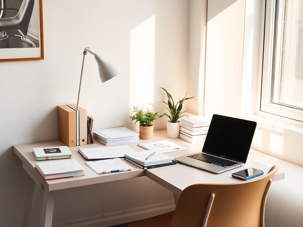 Ljust och organiserat kontor med skrivbord och dator