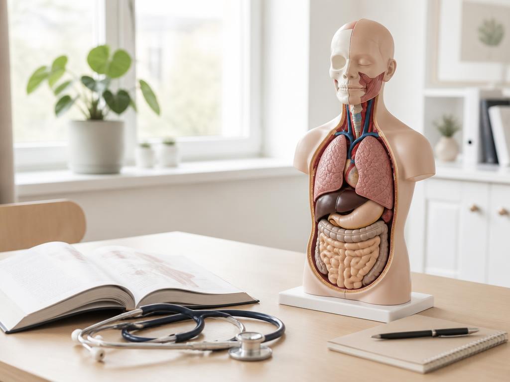 Ljust medicinskt studiebord med anatomimodell, stetoskop och lärobok