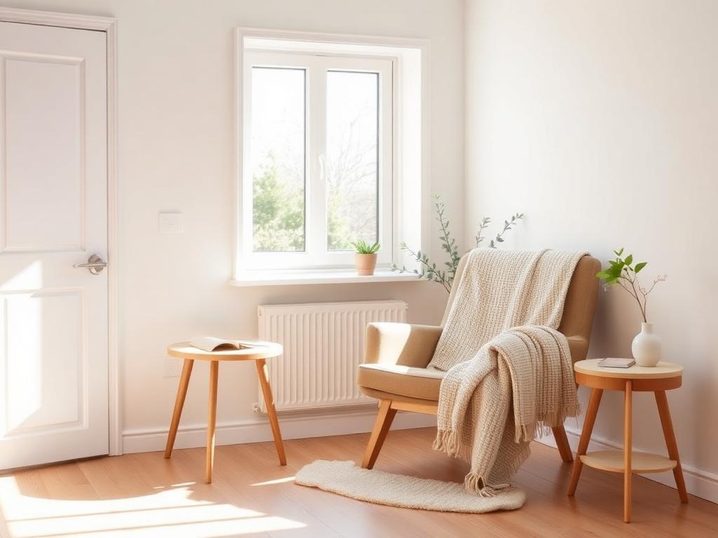 Ljust och ombonat vårdrom med fåtölj och sängbord