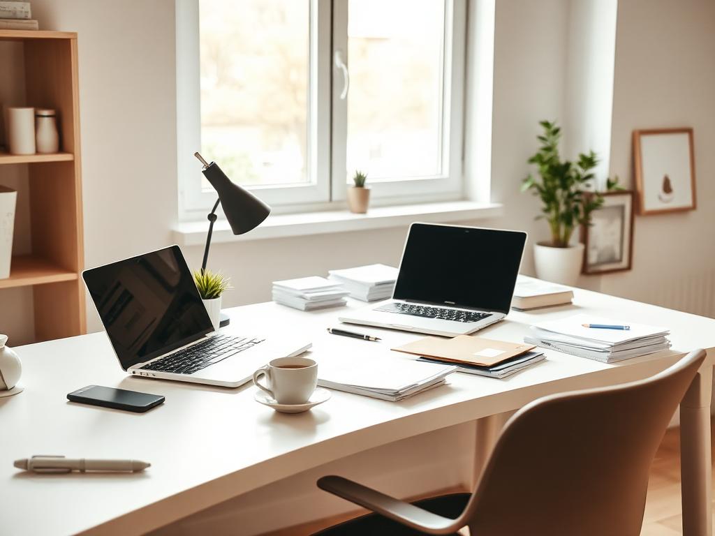 Ljust och organiserat kontor med skrivbord och dator