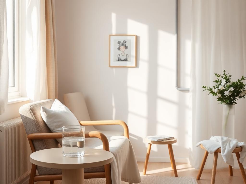 Ljust och ombonat vårdrom med fåtölj och sängbord