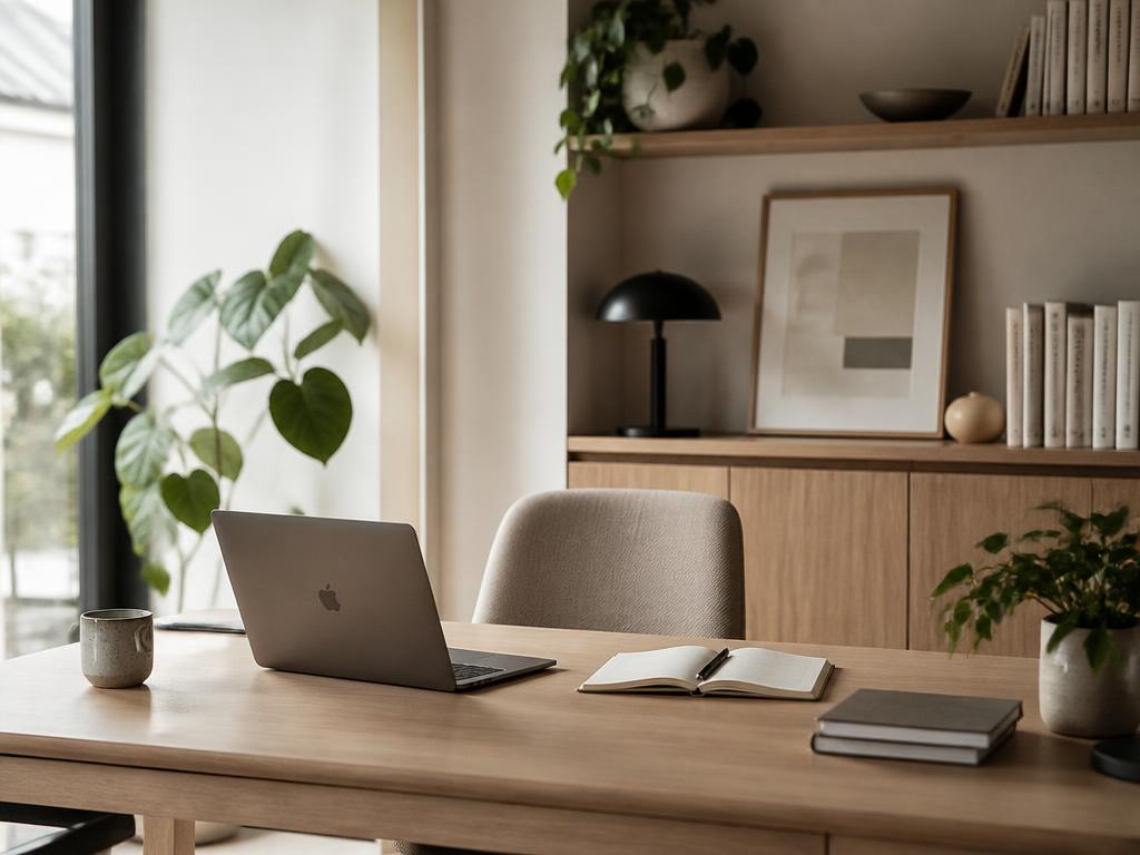 Ljust kontorslandskap med laptop och anteckningsbok