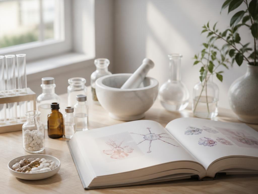 Ljust studiebord med läkemedelsburkar, mortel och farmakologilärobok